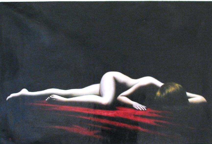 24x36; a pale white lady, nude, laying on a red surface with a black background