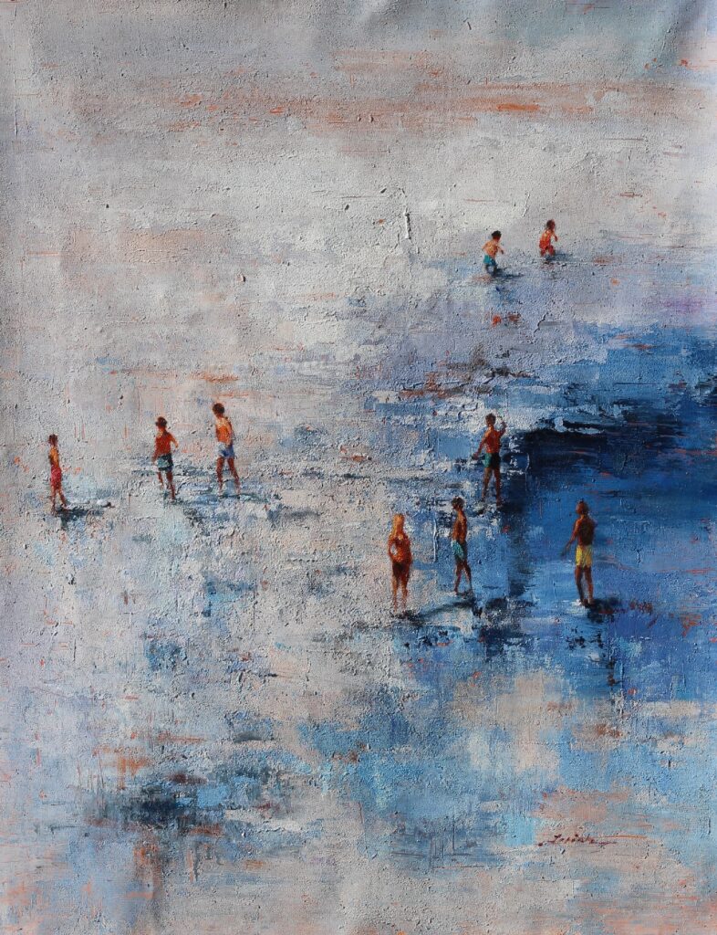 36x48; a textured abstract of people swimming in the ocean