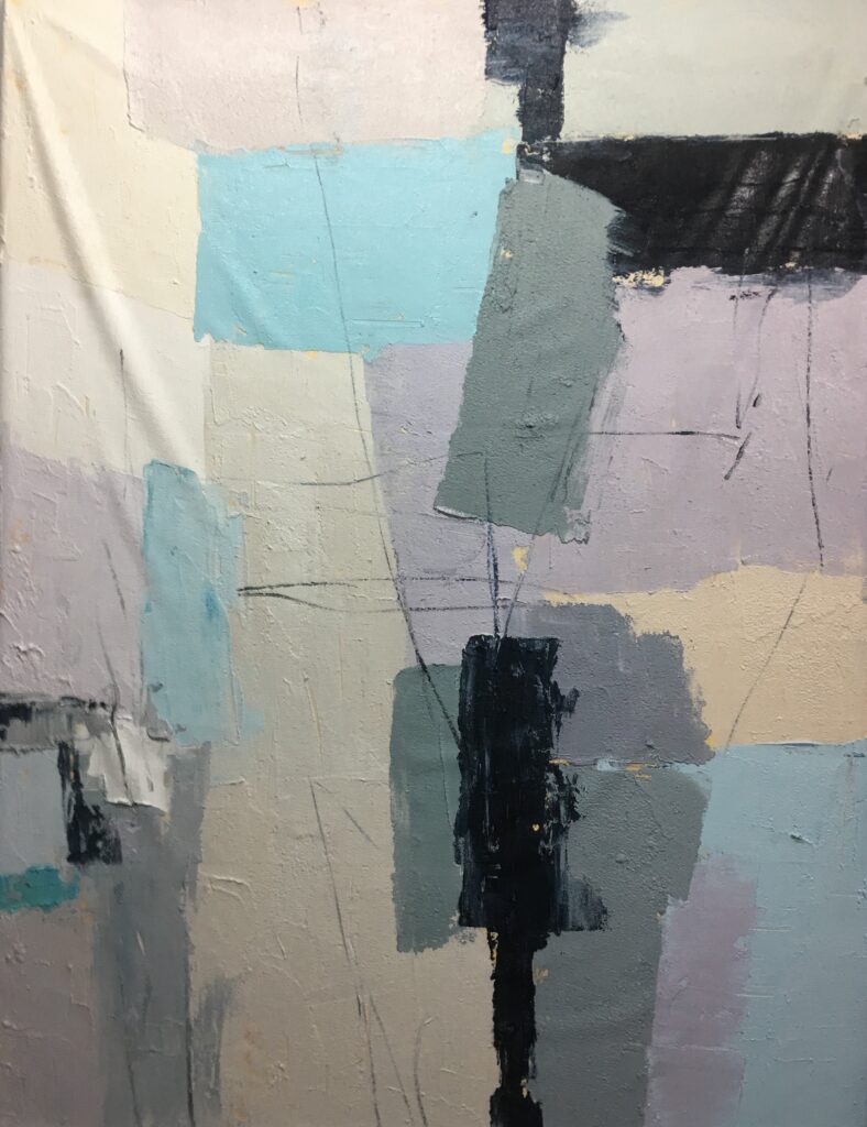60x48; a textured abstract of large rectangles of grey, light blue, black, and wale purple on cream