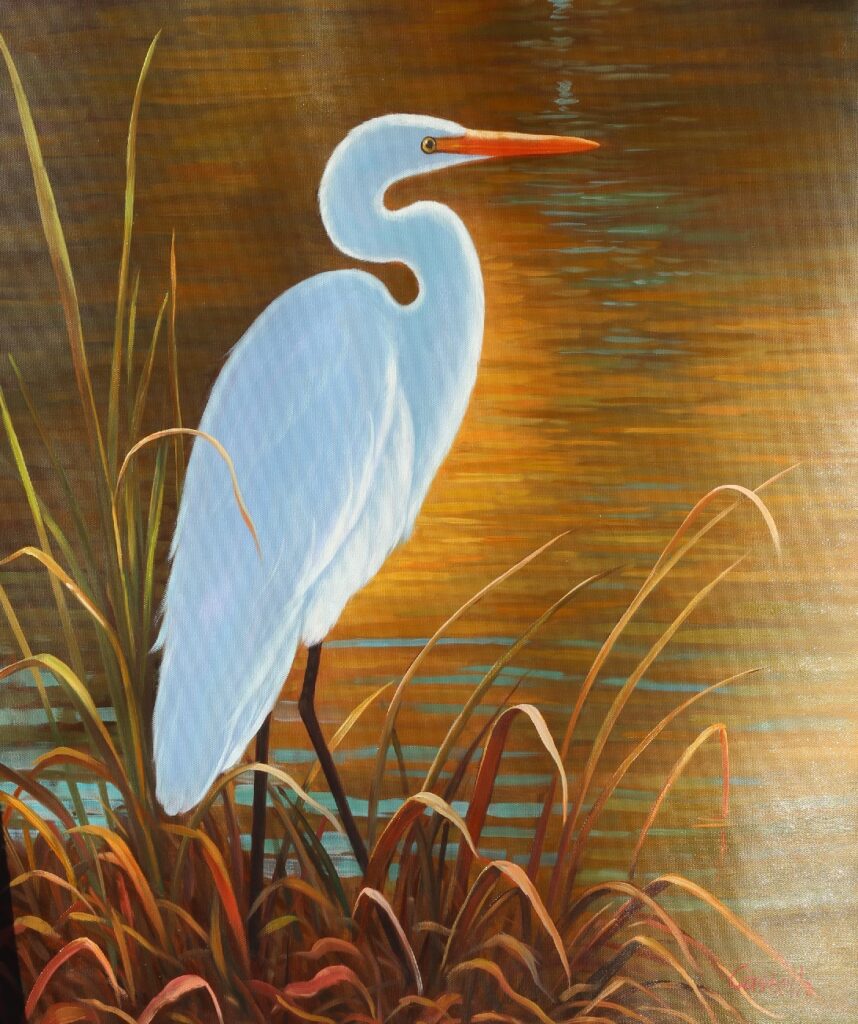 24x20; a white egret, facing right, against a brown and golden background of wetlands
