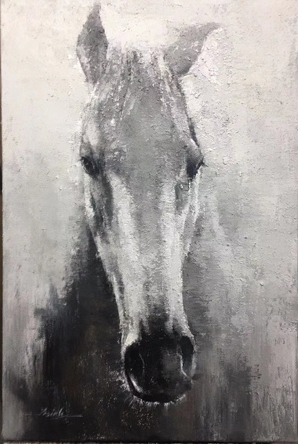 24x36; a textured portrait of a white horse