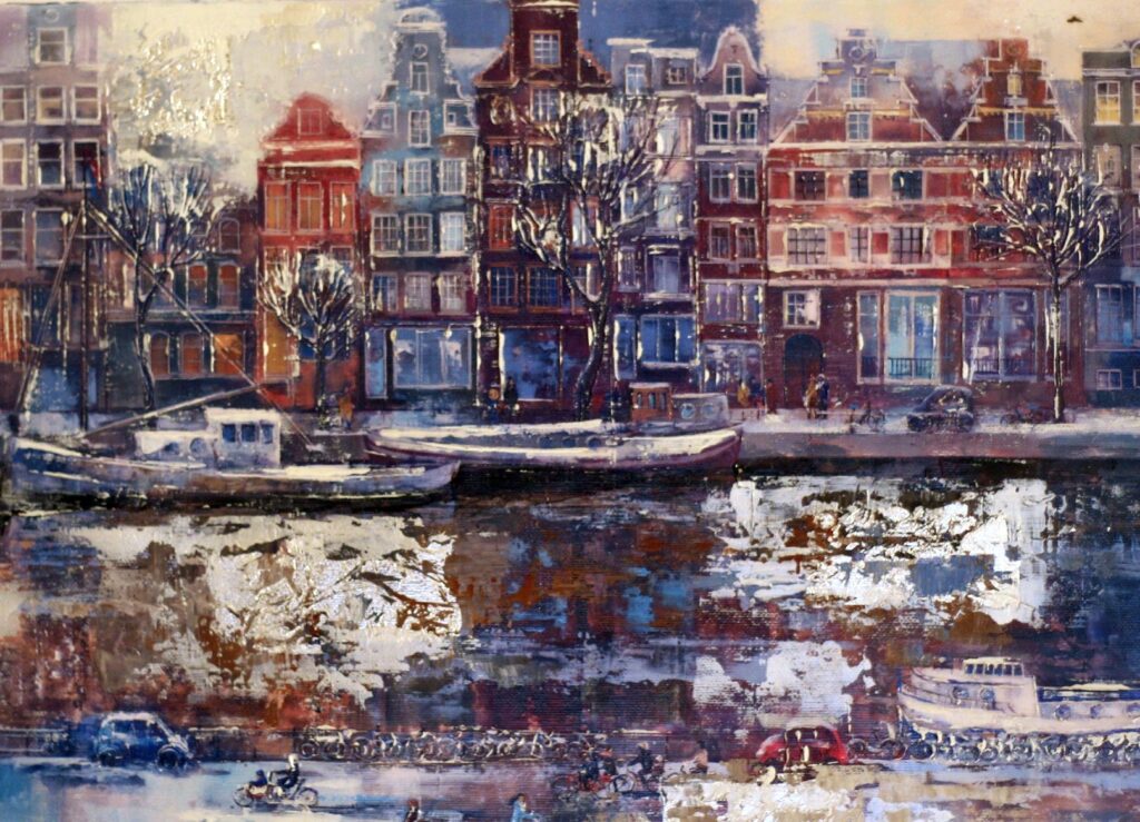 12x16: a snowy Amstedam scene of boats on a canal and townhouses in the background