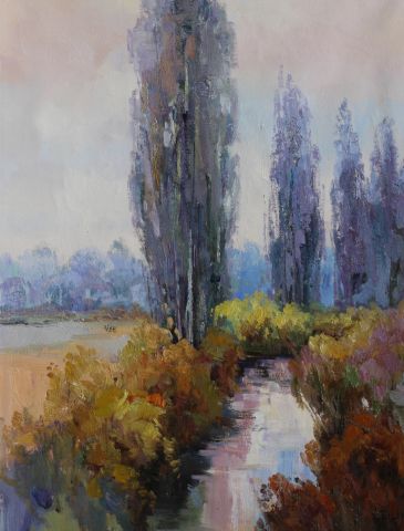 30x40; tall brown trees among high grass, in an impressionistic style
