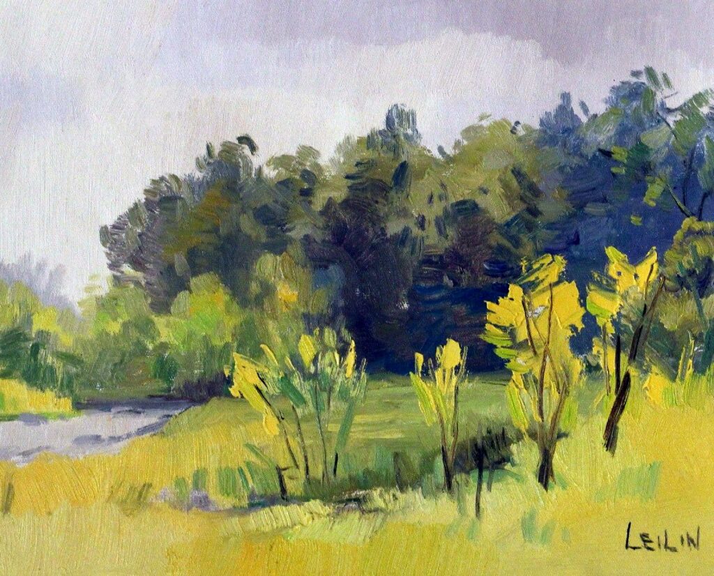 12x16; lush forest over yellow and lime green grass