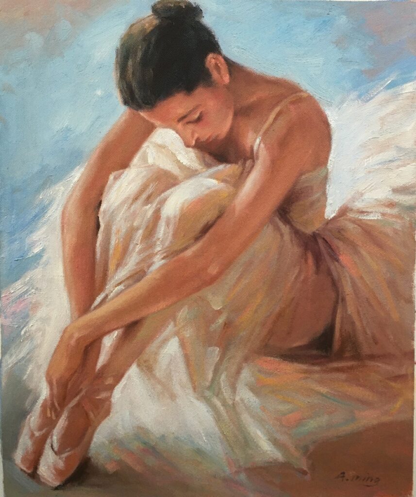 24x20; photorealistic painting of a brunette ballerina hugging her knees