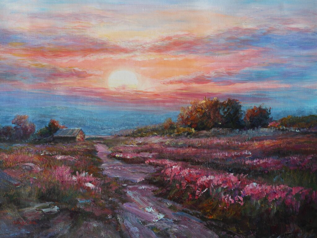 12x16; landscape of pink flowers in a field, with a sunset in the distance