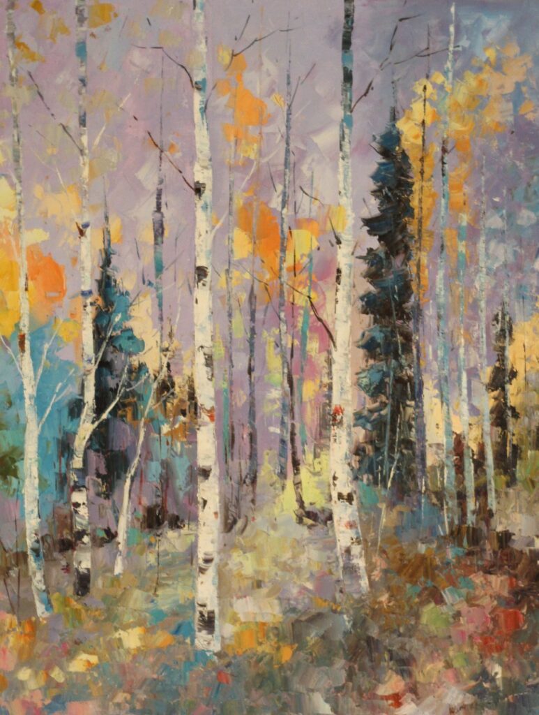 30x40; abstract painting of birch trees