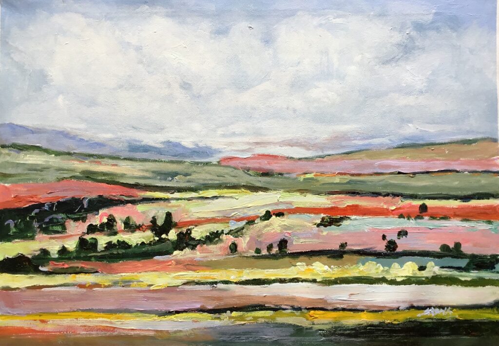 24x36; abstract landscape of green and pink fields at a distance. 