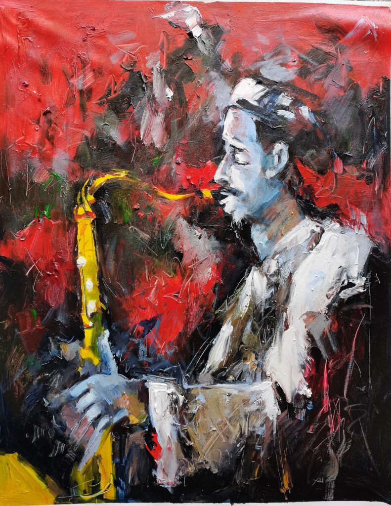 30x40; an African-American saxophone player against a red background