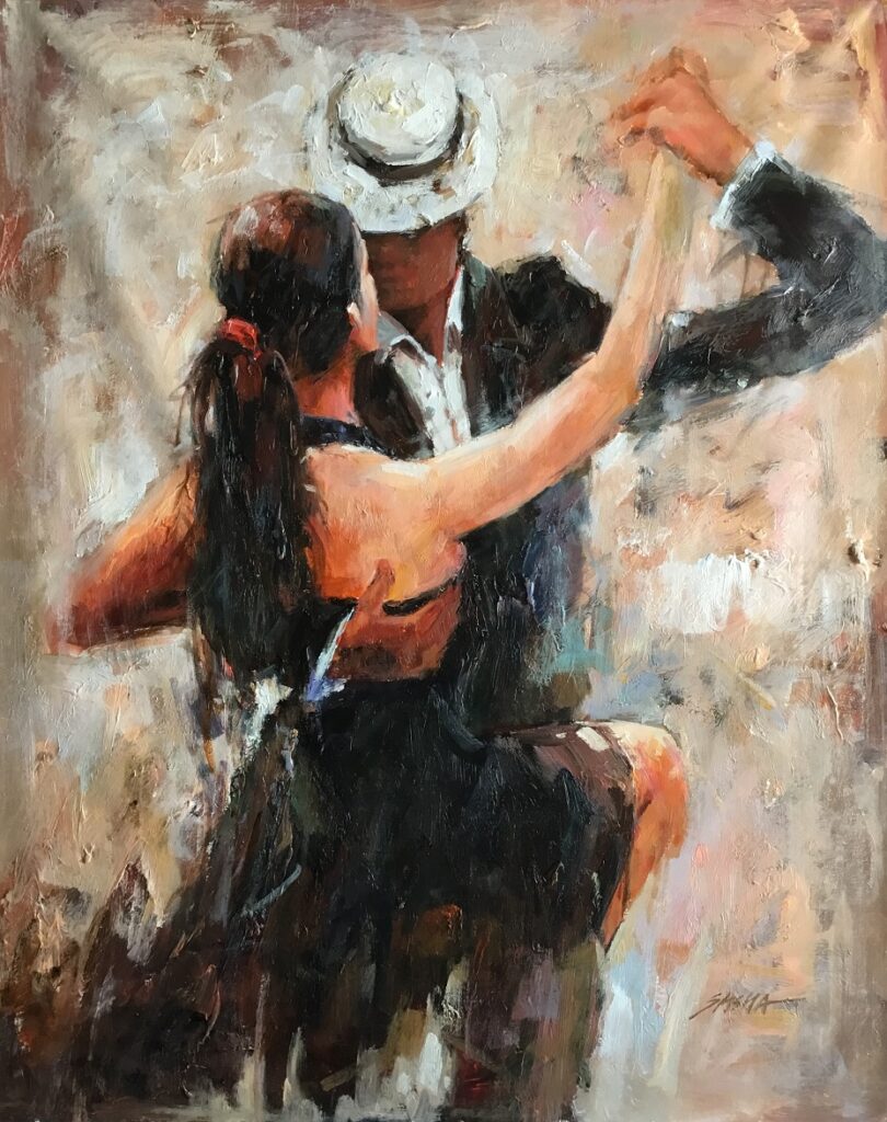 30x40; a tall man with a white hat and black suit dances with a ponytailed brunette woman wearing a backless black dress