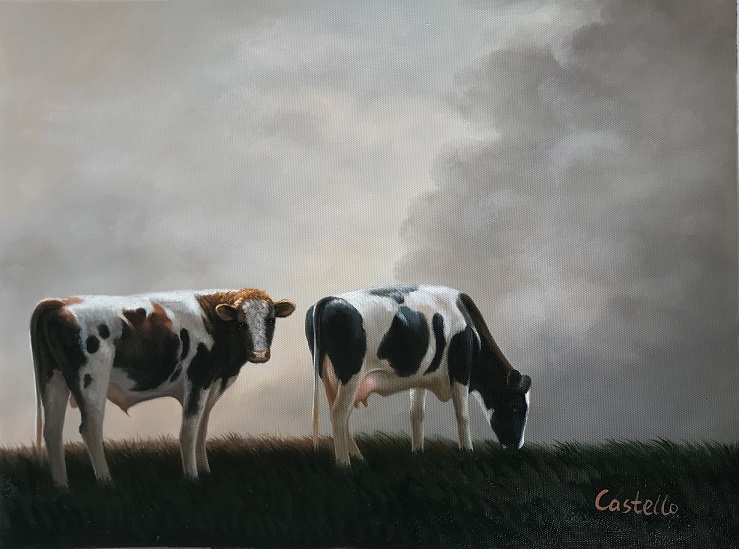 12x16; two cows in a field, against gorgeous fluffy clouds