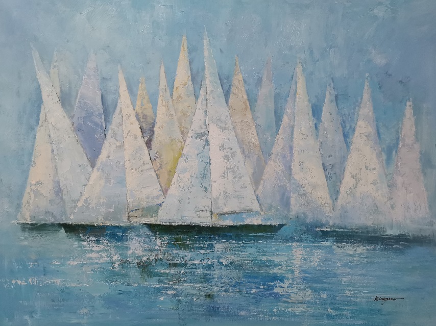 36x48; a cluster of sailboats on the ocean