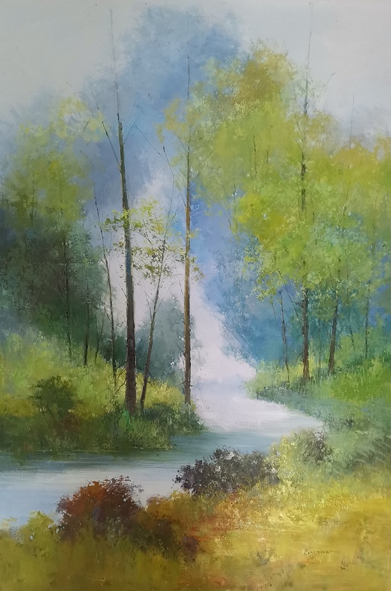 60x40; a stream in the middle of a lush forest