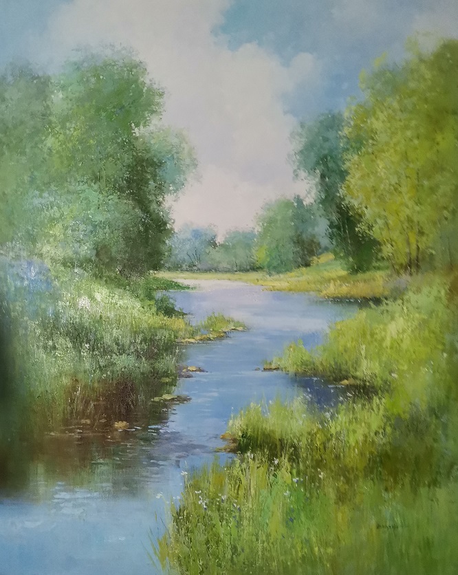 60x48; a landscape of wetlands or a stream in a forest