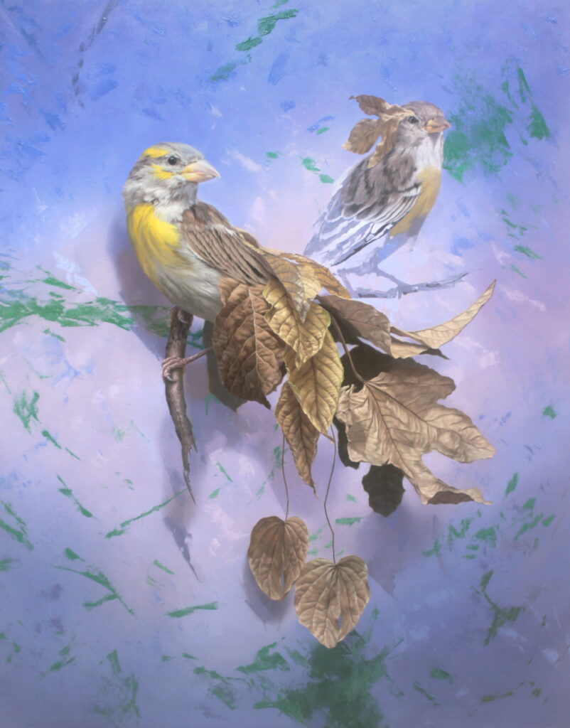 38x32; surrealist painting of a yellow bird with feathers made of brown leaves, with a lavender and blue background
