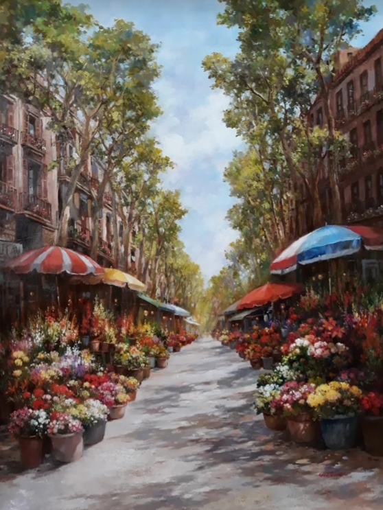 48x36; an European cityscape with flower-seller boothes on either side of the sreet