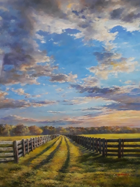 40x30; a photo-realistic landscape painting of a driveway with lush green fields on either side, with a beautiful blue sky in the distance