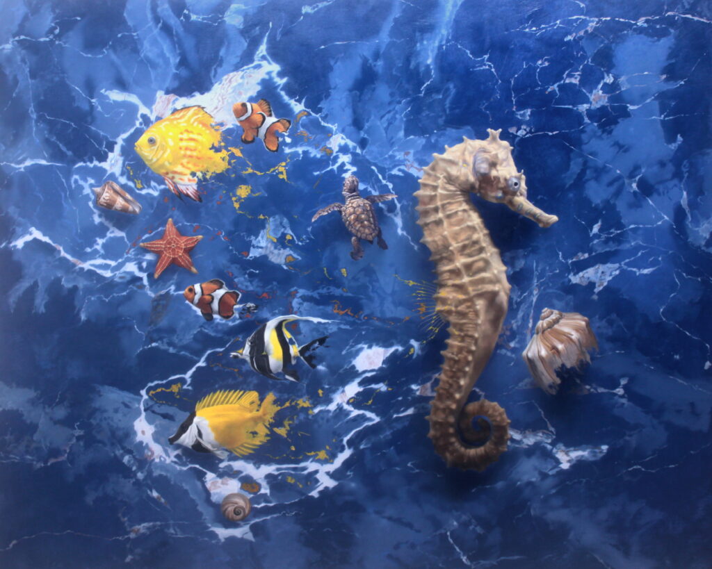 *a surrealist painting in 38x32 inches; yellow fish in the top left and bottom left corners, an orange starfish in the middle, with a large brown seahorse on the right half of the painting. The background is ddep marine blue to look like the ocean.