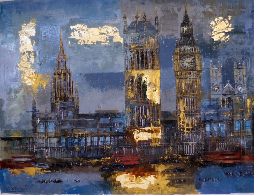 12x16: gold-leaf accented scene of London's Big Ben tower with a red bus in the foreground