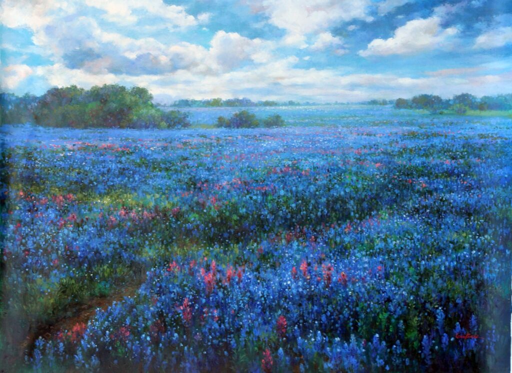 an oil painting in 36x48 inches: a vibrant field of bluebells with a pleasant sky filled with puffy white clouds in the distance.