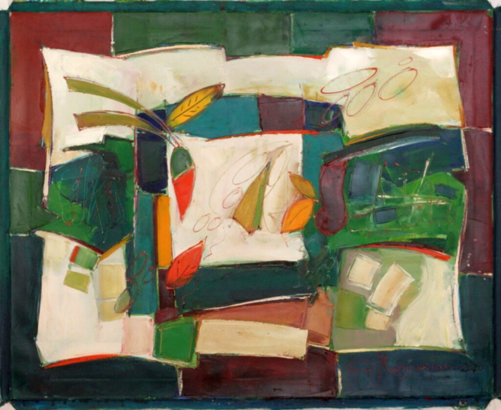 31x39; an abstract of multicolored rectangles in greens and blues