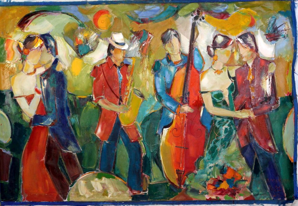 39x59; a scene inside a club with couples dancing while a band with a saxophone and cello play