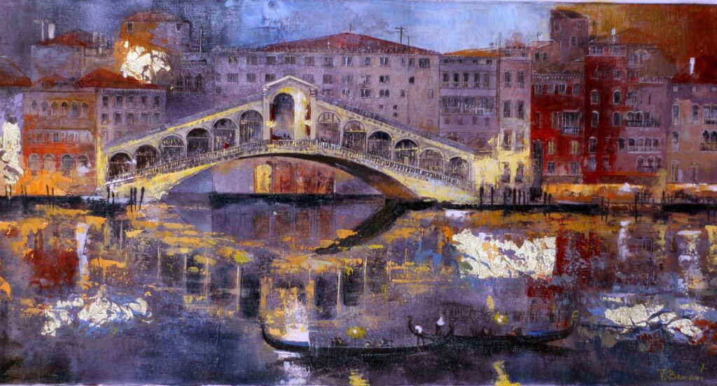 12x24: a gold and blue-toned scene of a bridge over a canal in Venice