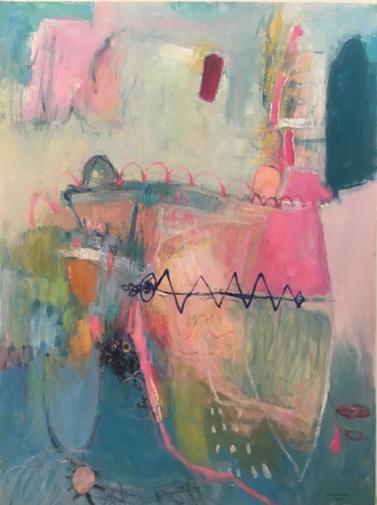49x36; sof abstract in pink, green, and blue