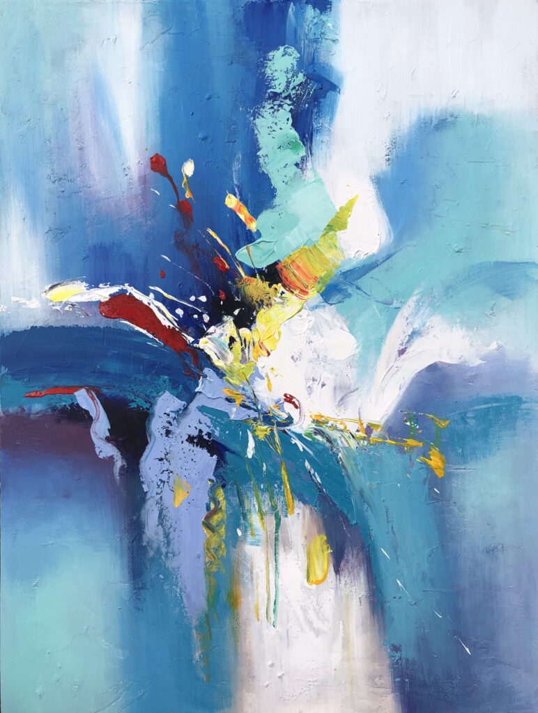 48x36; abstract of blue and white splashes accented with yellow and red
