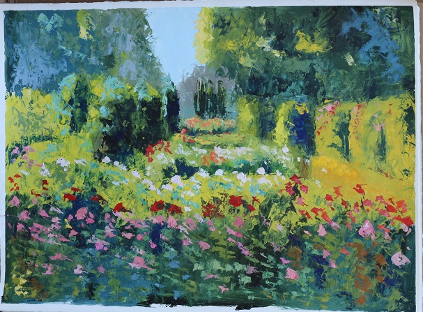 22x30; painting on paper, an impressionistic garden with red, pink, and white flowers