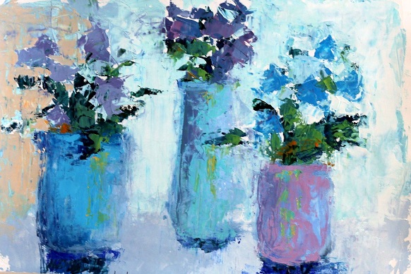 15x22 painting on paper, three vases filled with flowers in various shades of blue and purple