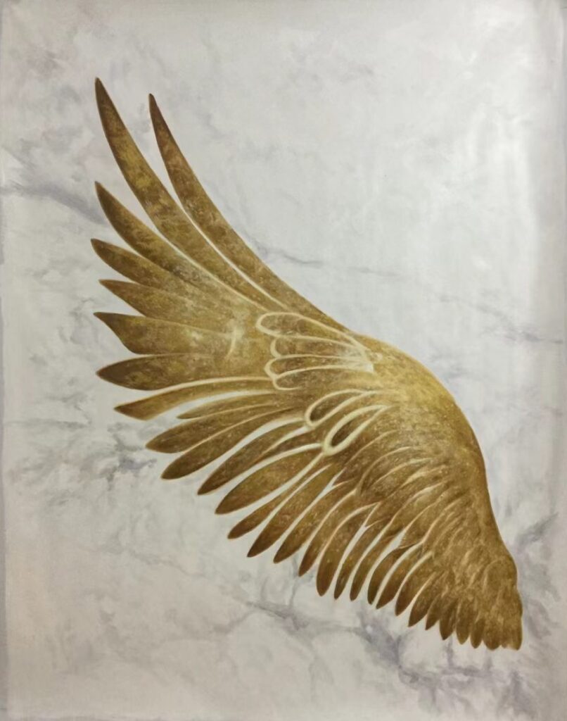 30x40; a spread bird's wing in gold against a marbled cream background