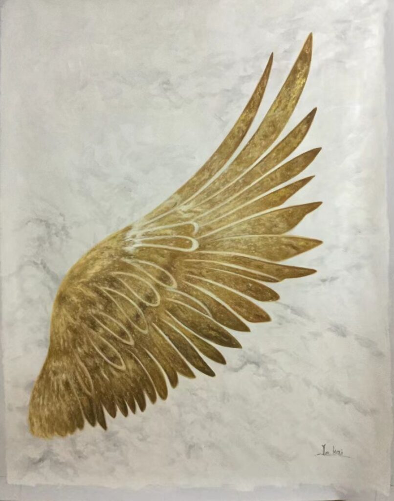 30x40; a spread bird's wing in gold against a marbled cream background