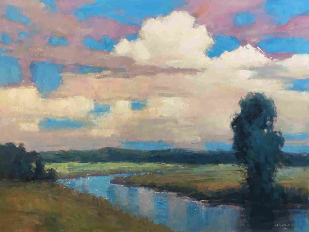 30x40; landscpae of a canal going through a prairie with mountains and big puffy clouds in the distance