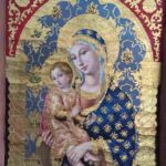 24x30; The Madonna and Child in a Byzantine style, against a gold leaf background with filigree red border