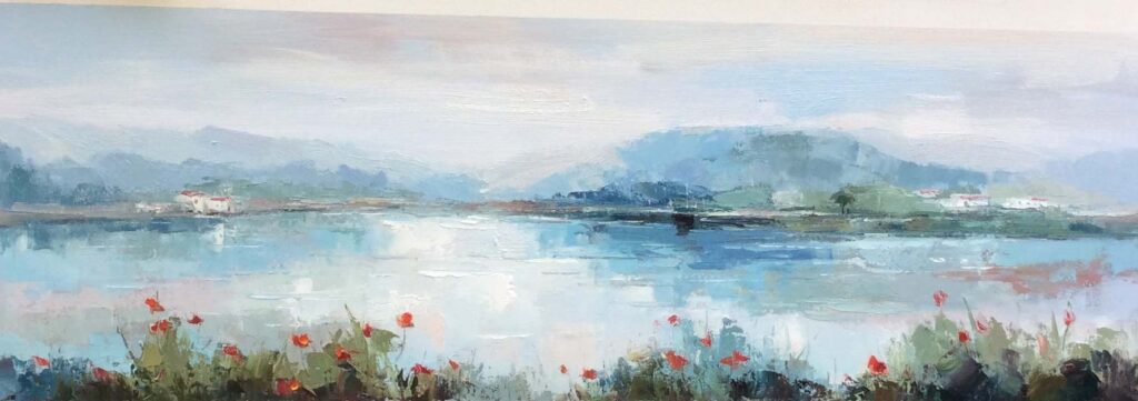 12x36; abstract landscape of with red flowers in the foreground, a lake, and mountains in the distance 