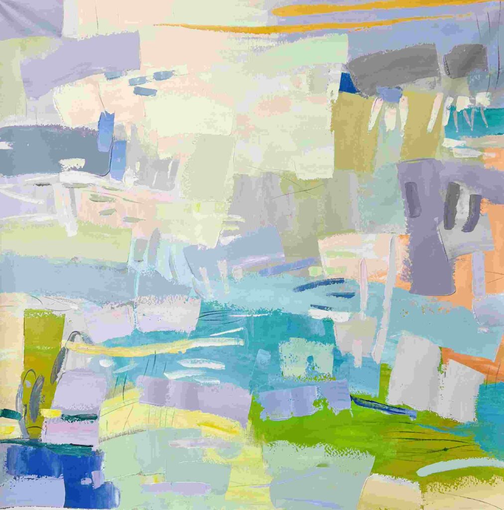 36x36; abstract with soft blue, green , and purple squares overlapping