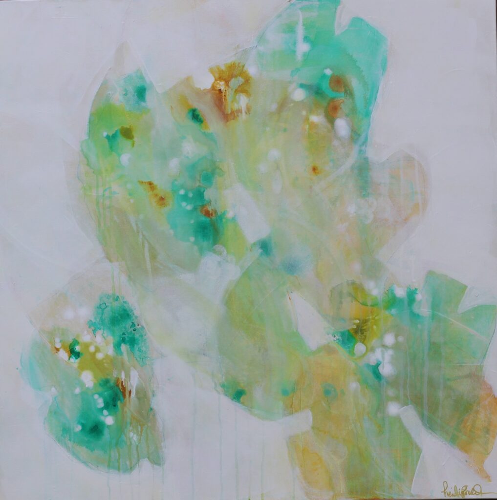 36x36; abstract with soft colors of lime green, mint, and pale yellow, against a cream background