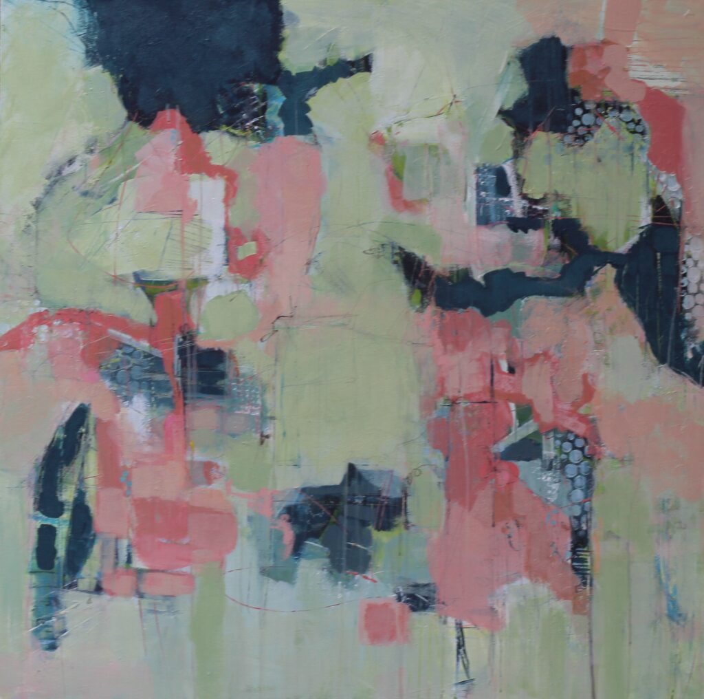 36x36; abstract with pale pink, navy blue, and light green