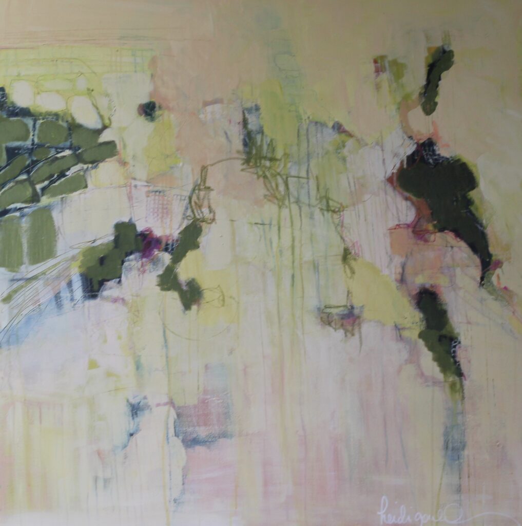 36x36; abstract with shades of green and yellow agaisnt a cream background
