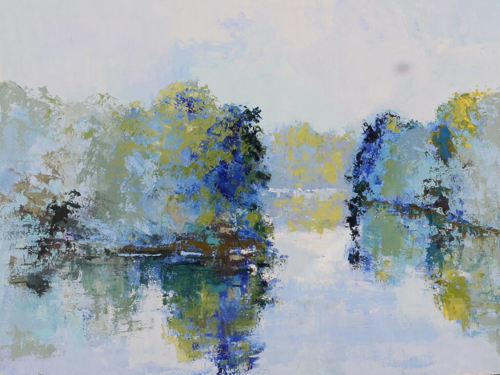 36x48; impressionistic landscape of a forest at the other side of a lake