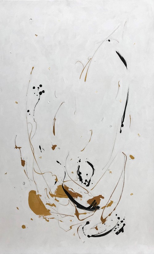 30x48: resin painting of an abstract with splashes of gold and black on cream