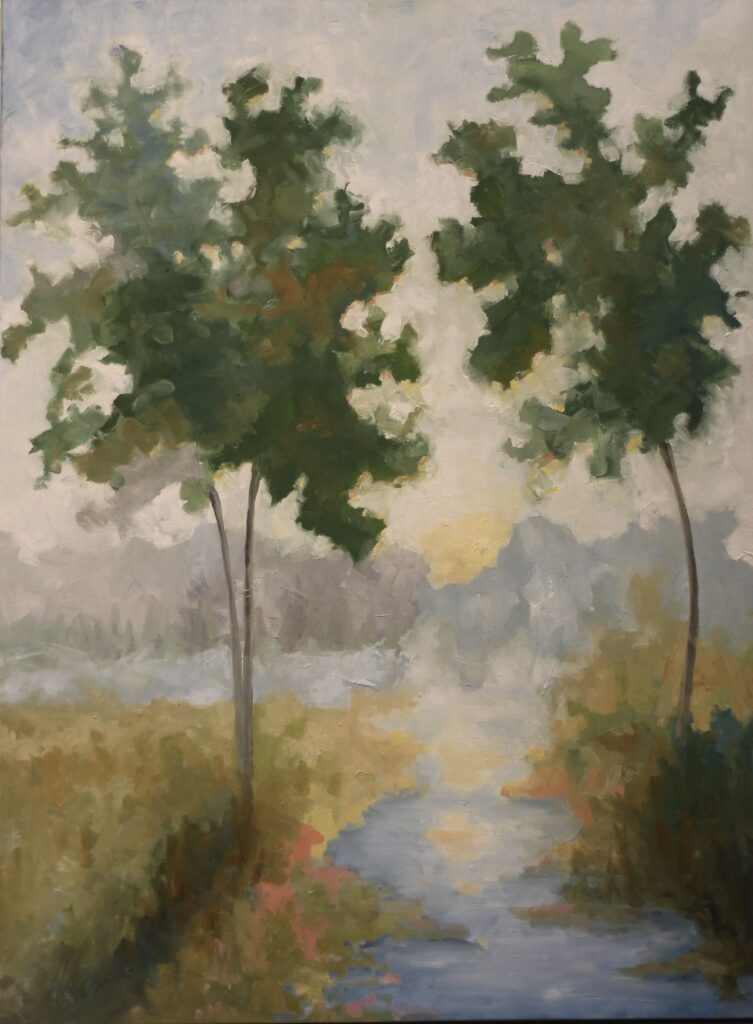 36x48; soft impressionistic landscape of two trees on either side of a walkway, with the sun setting in the distance