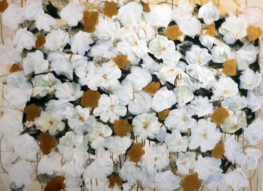 36x48; an abstract of white flowers with gold and forest green background