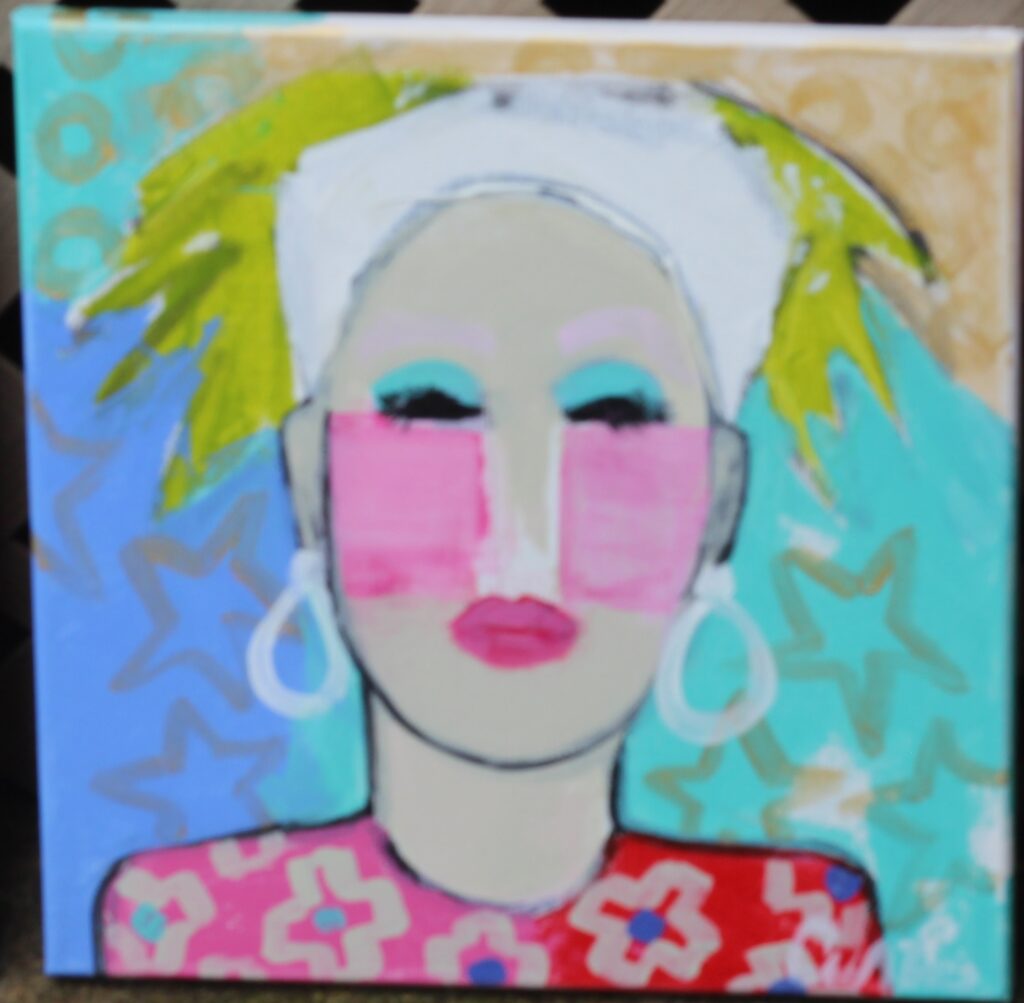 12x12: an abstract lady with quoise eyeshadow, big white hopp earringss, and a pink floral shirt against a multi-colored background