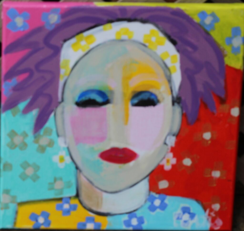 12x12; an abstract lady with purple hair, yellow headband, and yellow floral shirt against a multi-colored background