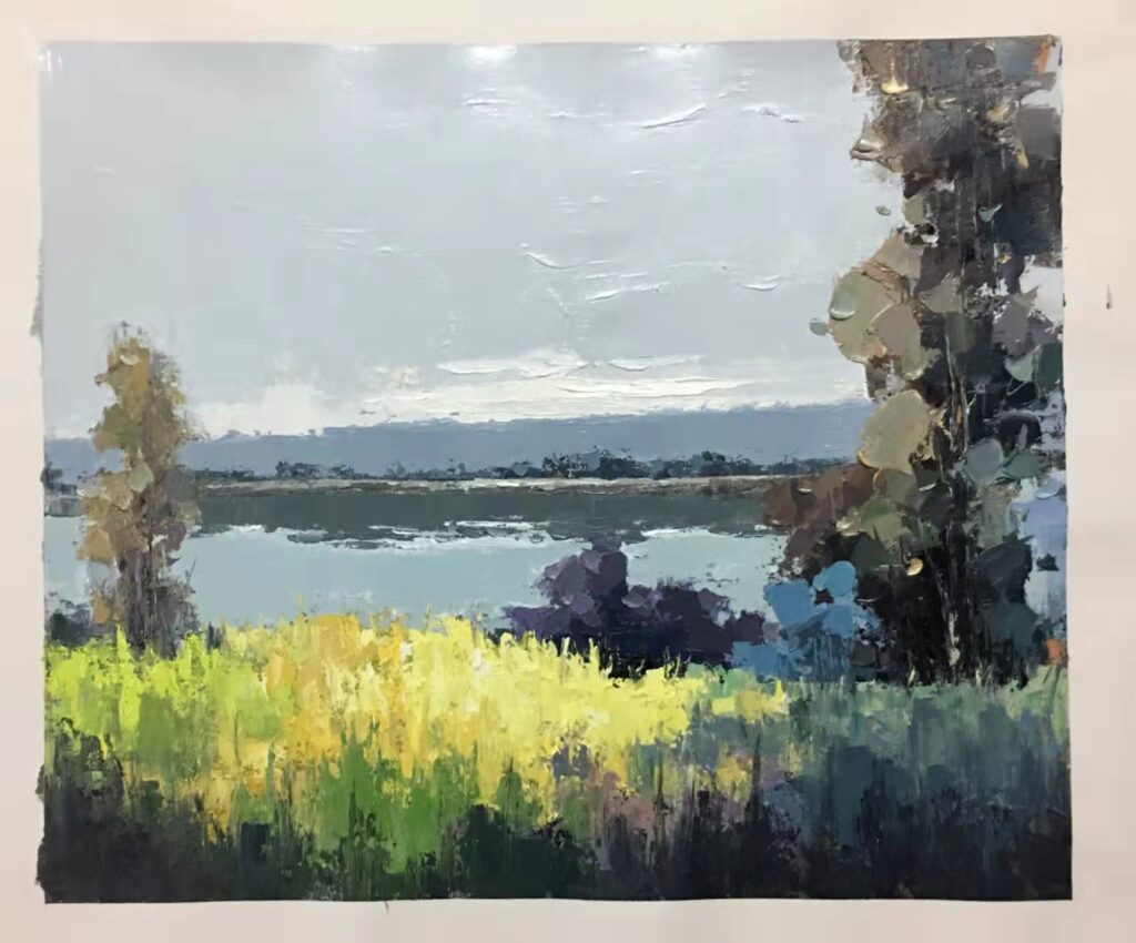 20x24; an impressionistic landscape of yellow and bright green fields with a tall tree to the right, anda lake in the distance