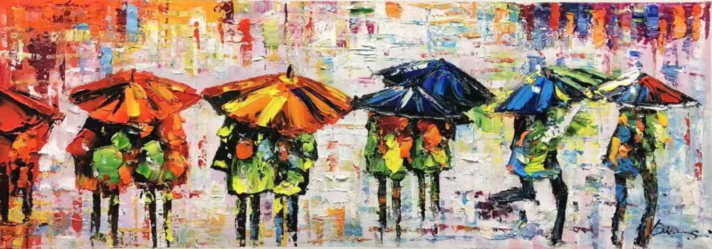 12x36: vibrant rainbow colored scene of people under umbrellas