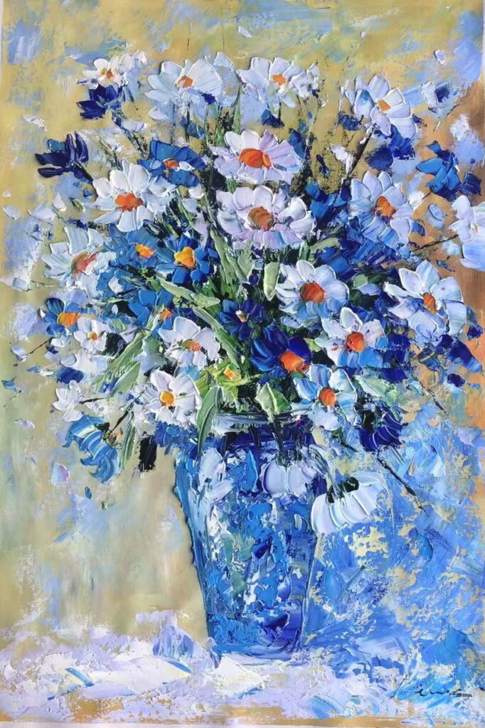 36x24: impressionistic painting of white flowers in a blue vase