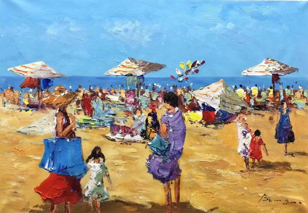 224x36: impressionistic of people under umbrellas at the beach